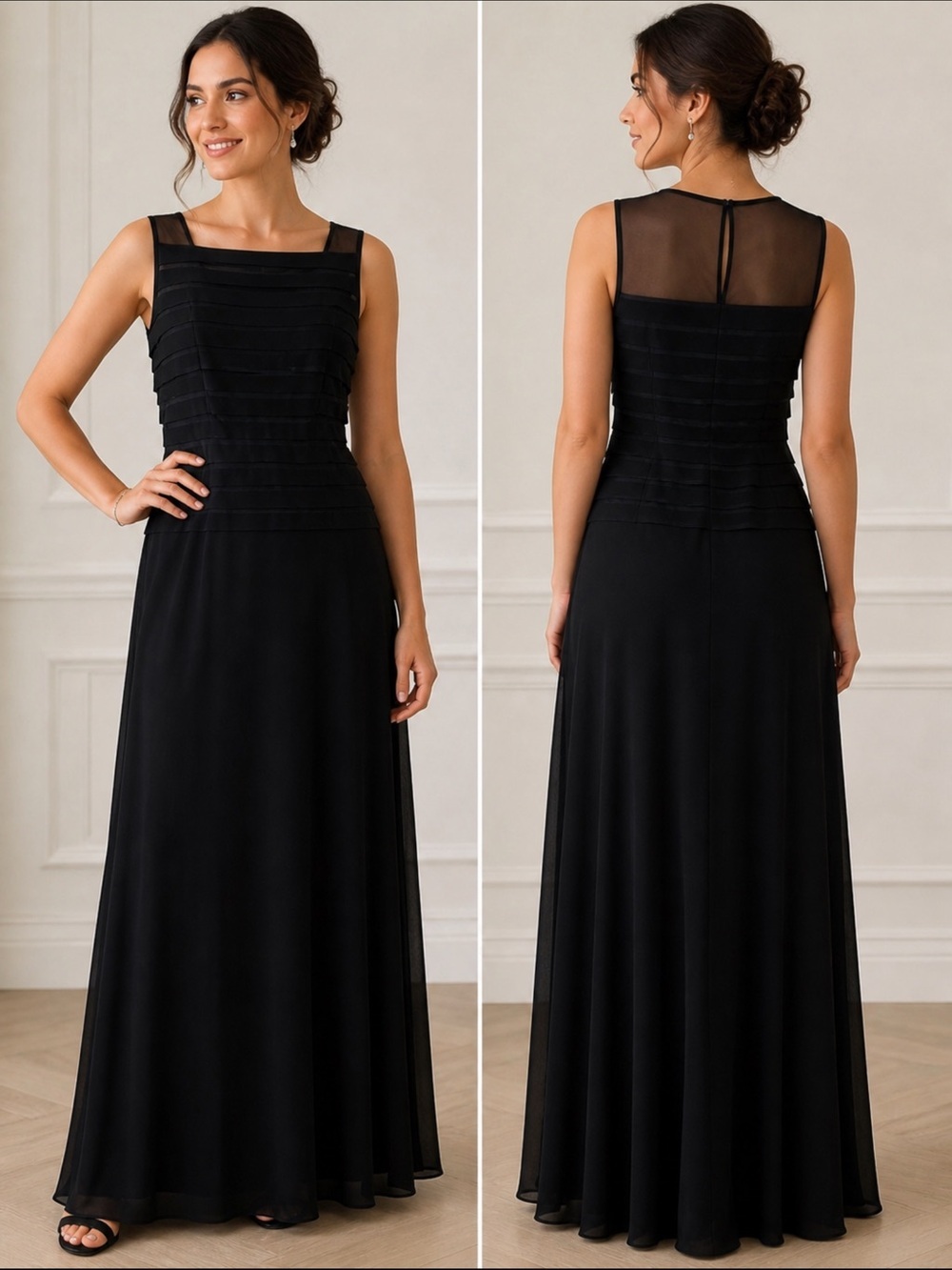 Tadashi Shoji Black Maxi Dress Sleeveless Layered Mesh Size S